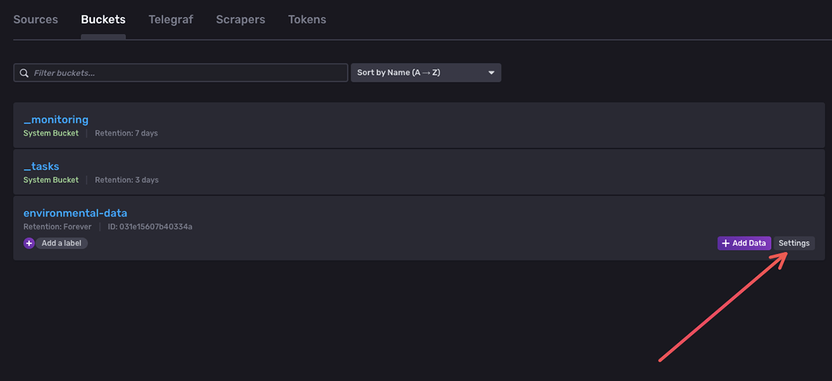 InfluxDB bucket settings icon highlighted