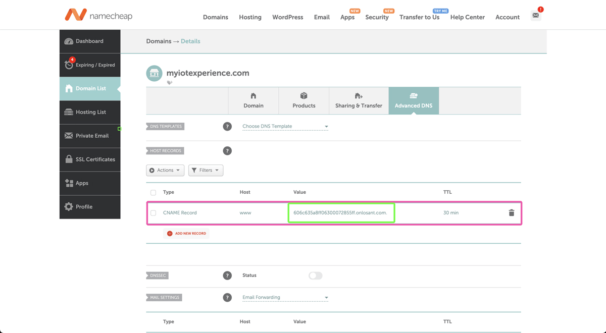 Add CNAME DNS Record in Namecheap