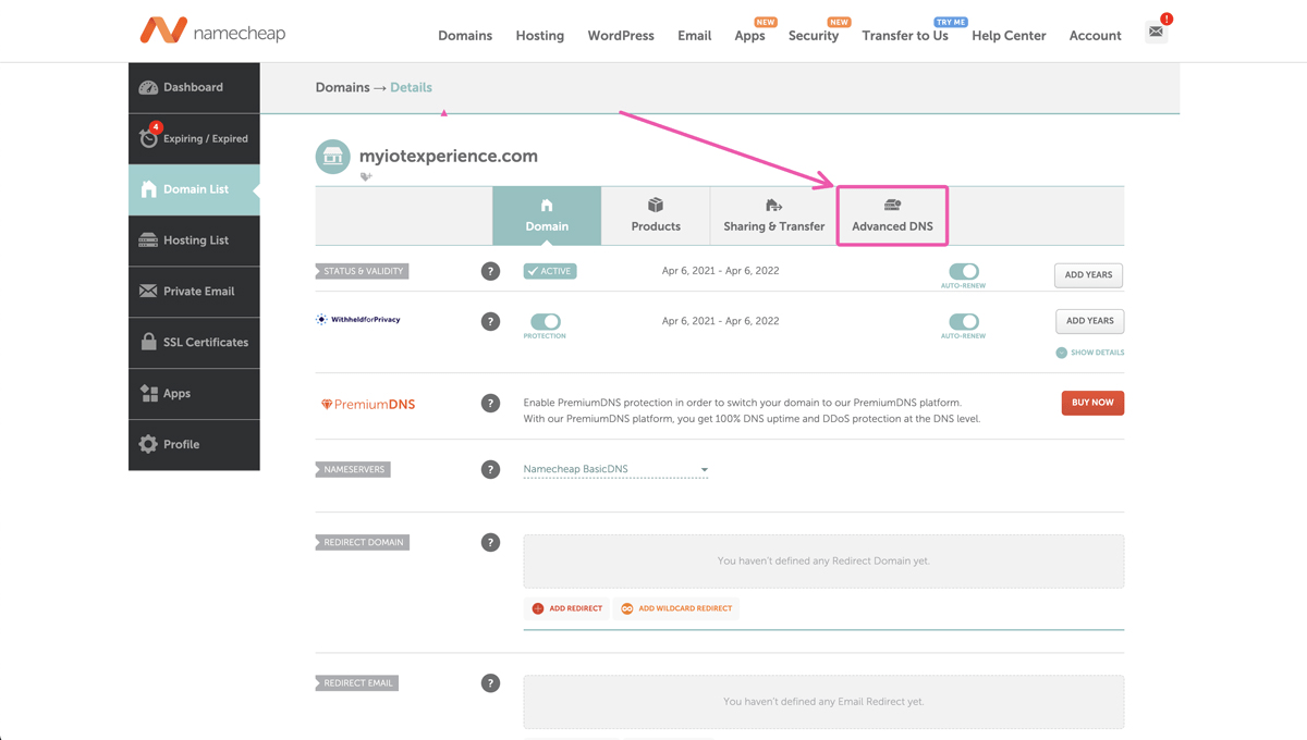 Namecheap Advanced DNS Panel