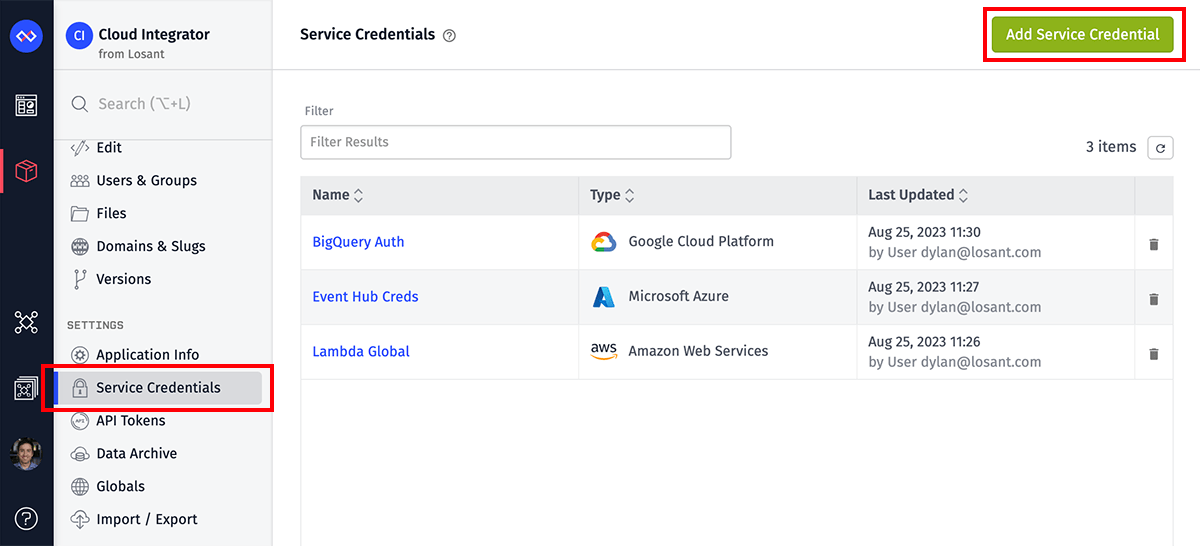 Service Credentials List