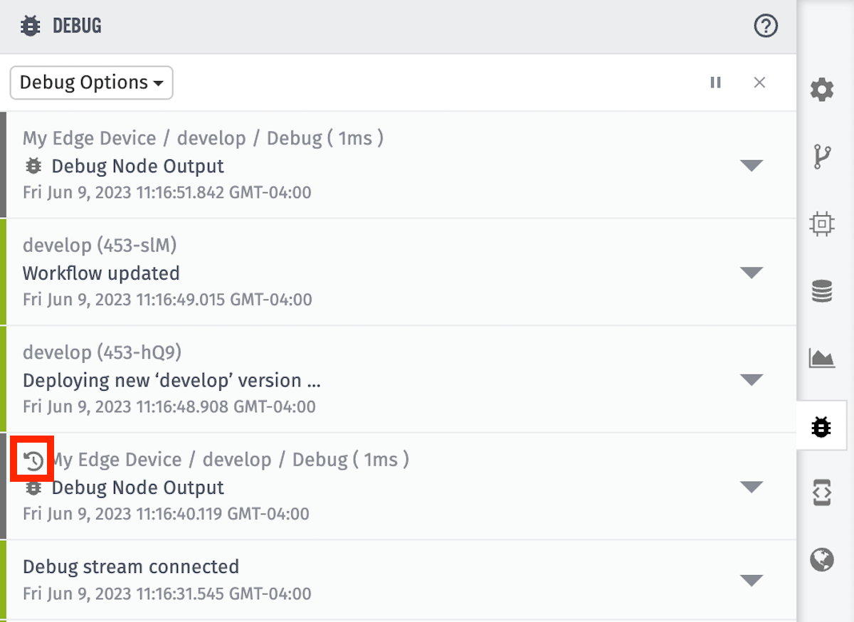 Debug Log with History Icon
