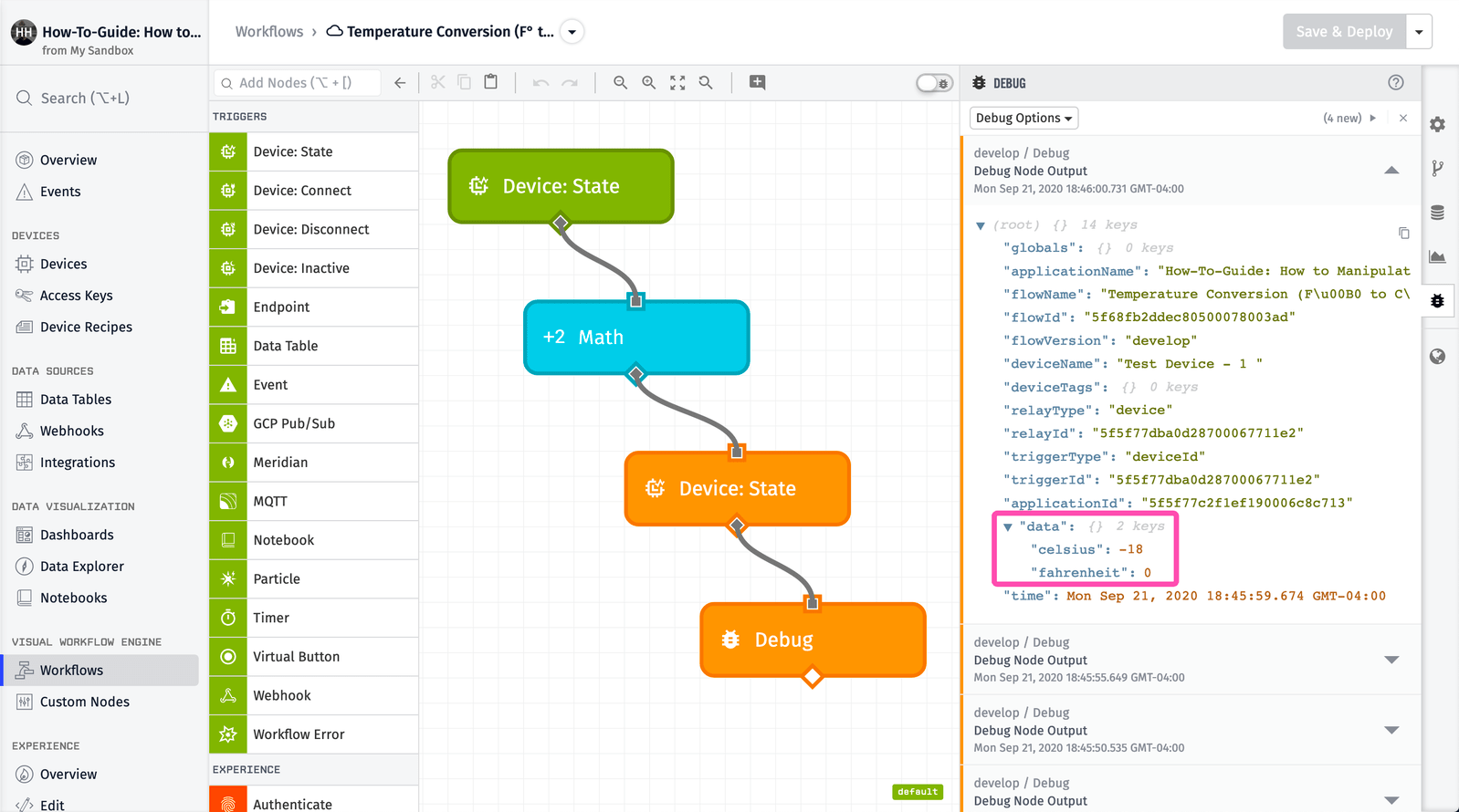 Losant Workflow Debug Panel