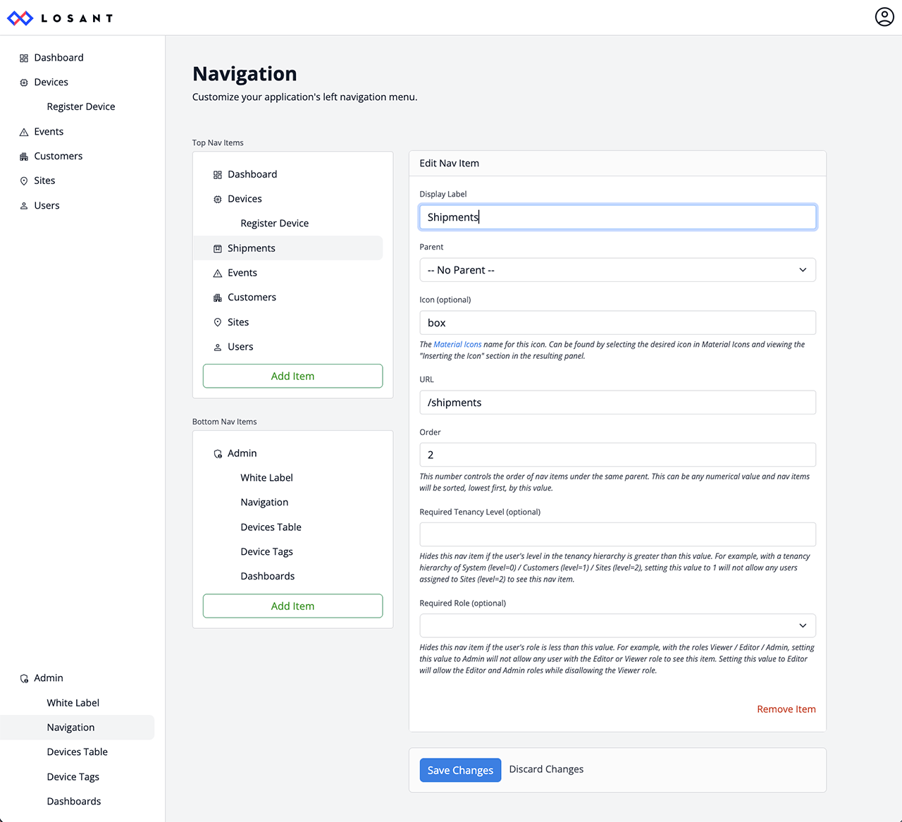 Losant CPF Admin Navigation Shipments
