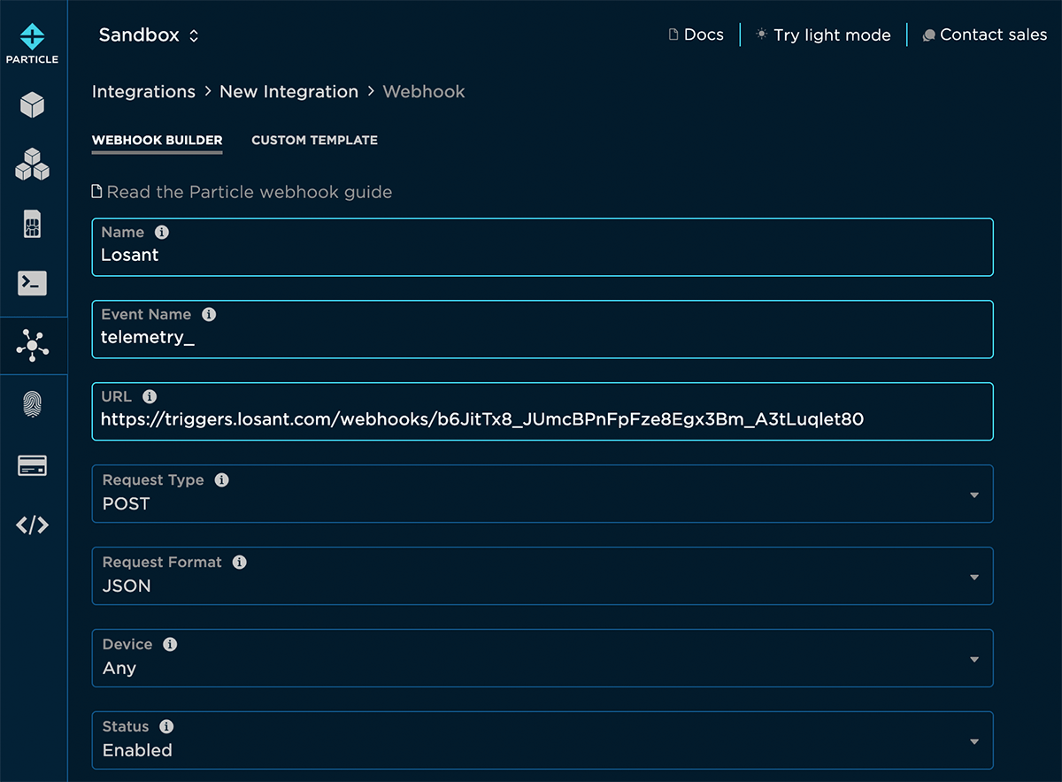 Particle Webhook Configuration