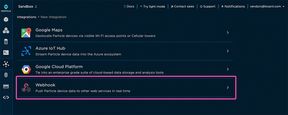 Add Particle Webhook Integration