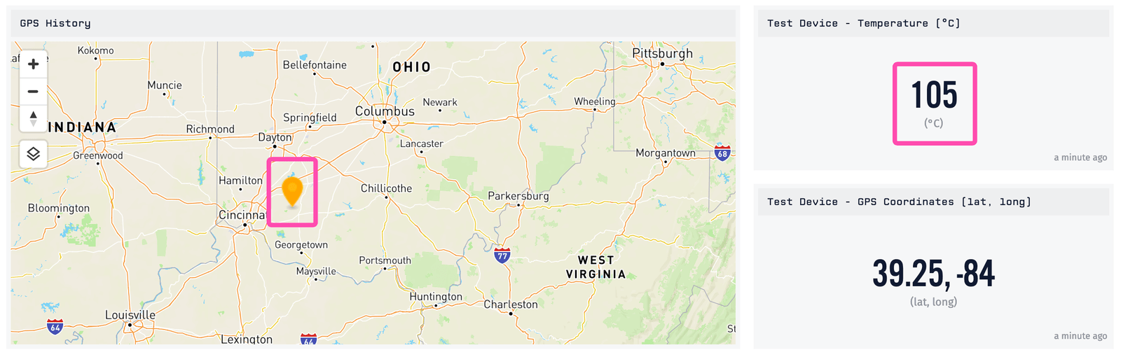 GPS Pin rendered as orange (#ff9900) as temperature is greater than 100°C