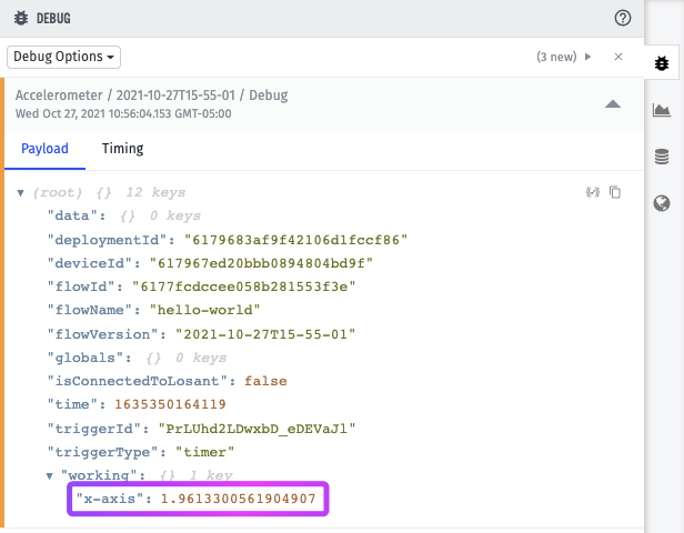 Debug output after workflow deploy highlighting x-axis reading