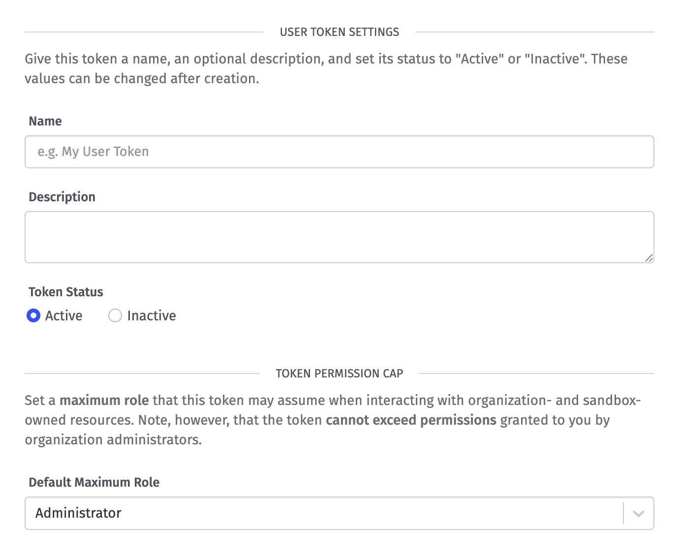 User Token Name Description and Max Role