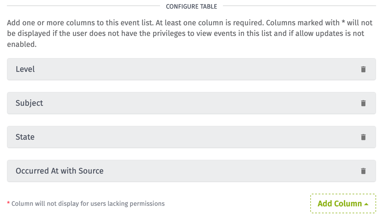 Event Column Configuration