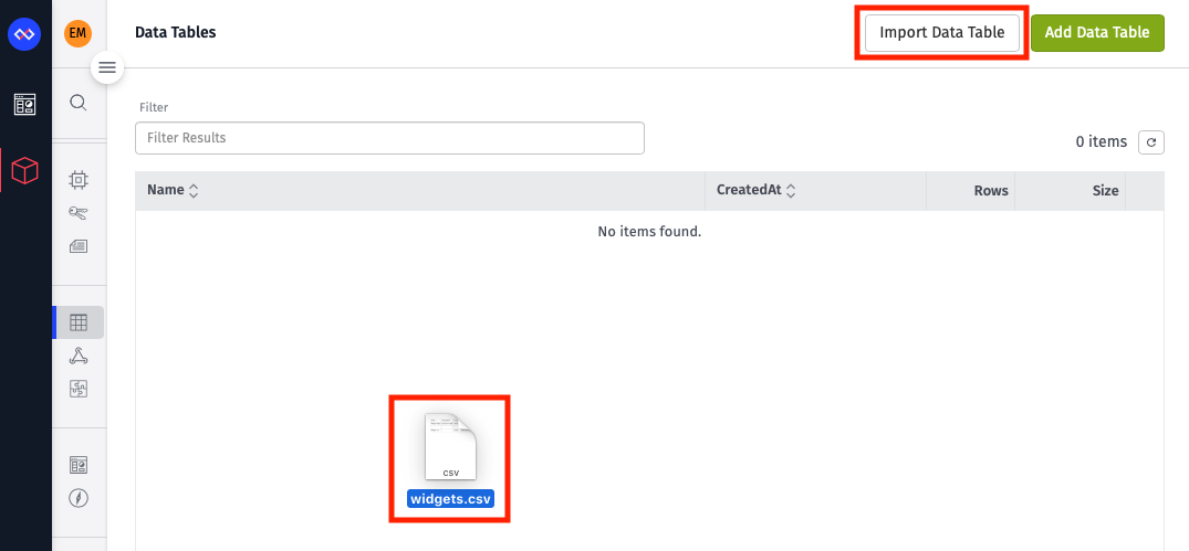 Data Table Importing Button