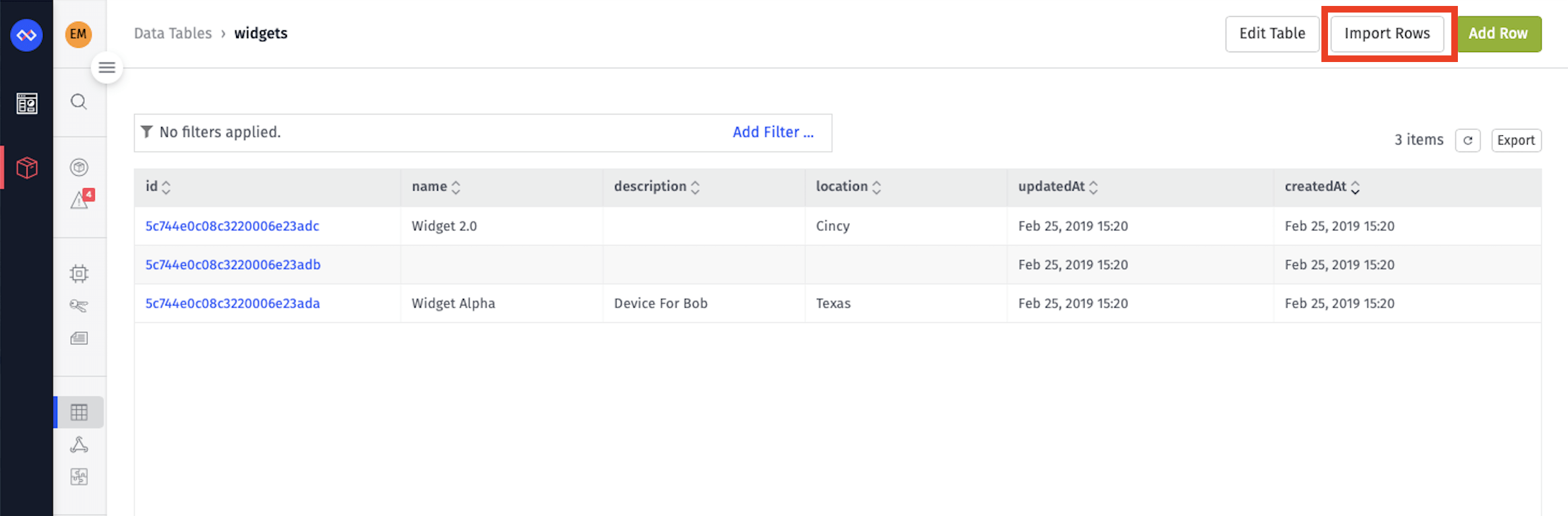 Data Table Rows Importing Button