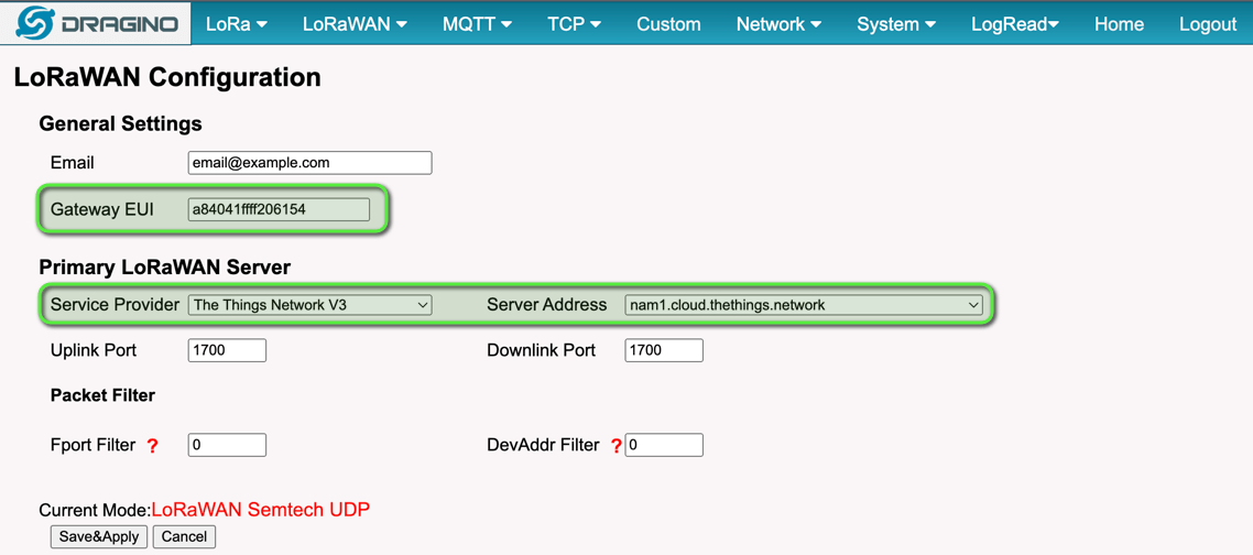 LoRaWAN Semtech UDP page