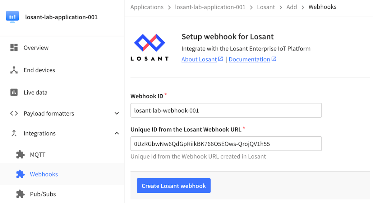 Create Losant webhook