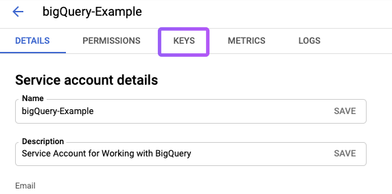 Create key for service account