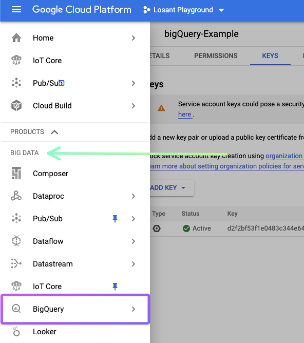 Use left navigation menu, select BigQuery from list