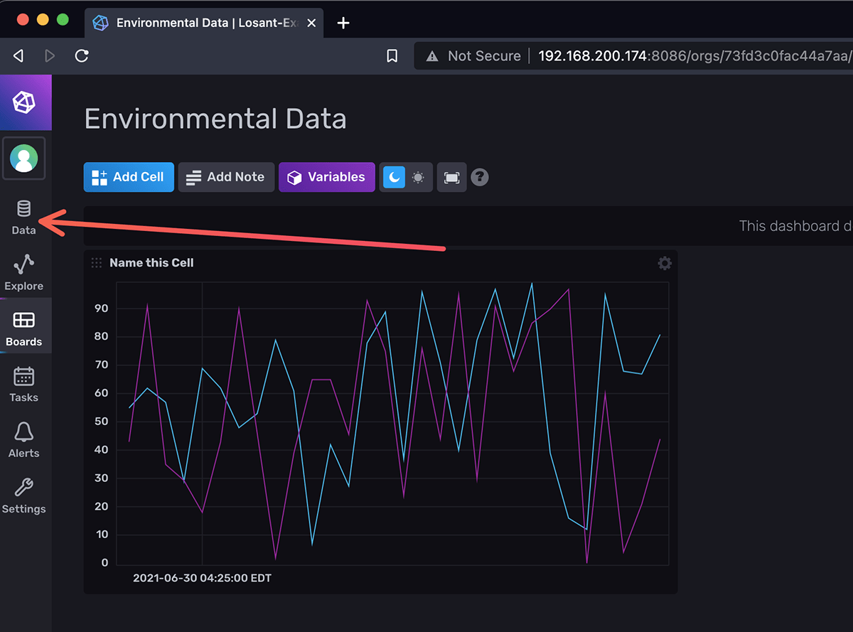 InfluxDB navigation menu with the Data tab highlighted