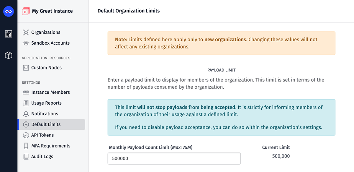 Instance Organization Default Limits