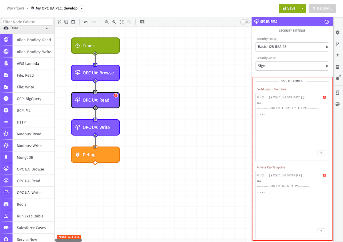 OPC UA Read Node SSL/TLS Security