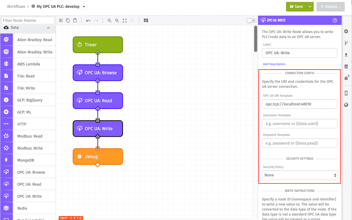 OPC UA Write Node Configuration