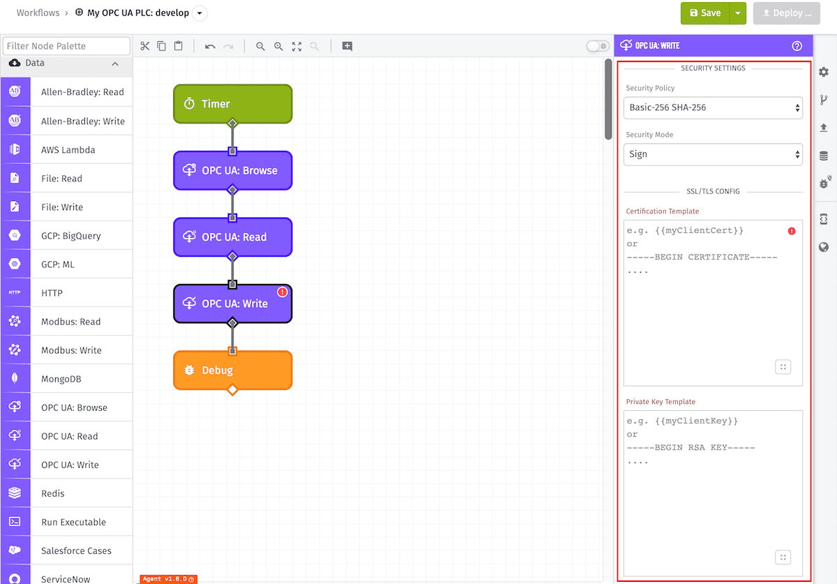 OPC UA Write Node SSL/TLS Security