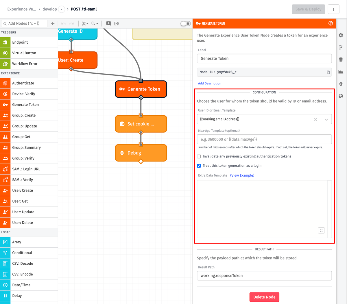 Generate Experience User Token Node Configuration